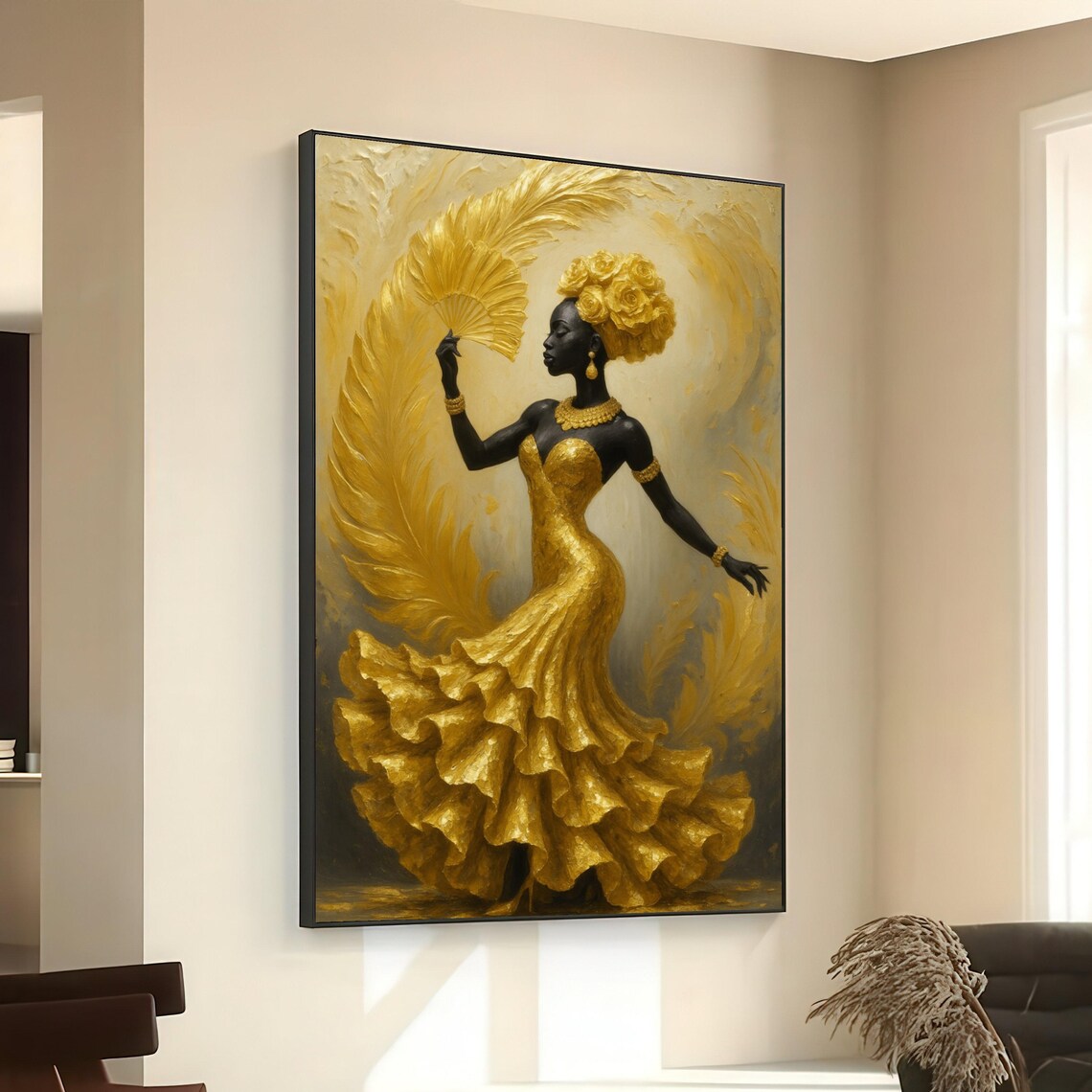 Golden Flamenco Dancer Black Woman Ruffle Gown Fan Art Poster
