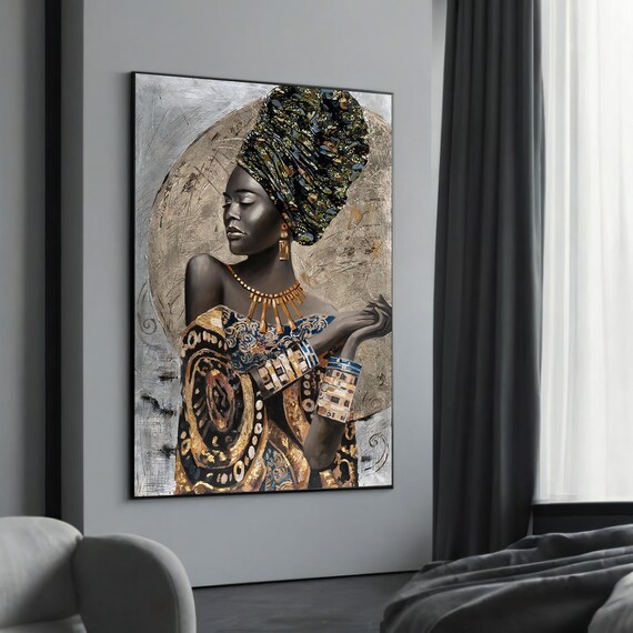 Elegant Black Woman Gold Jewelry Luxe Black and Gold Art Poster