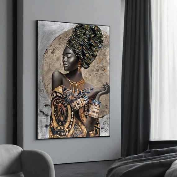 Elegant Ethnic Woman In Ornate Attire Luxurious Gold And Black Canvas Painting For Sophisticated Home Decor