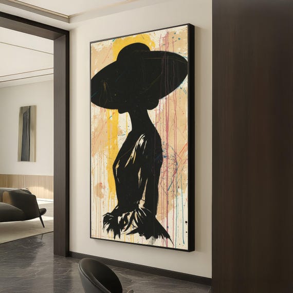 Elegant Silhouette Of Woman In Widebrimmed Hat Canvas Abstract Drip Art Modern Fashion Wall Contemporary Home Decor Painting