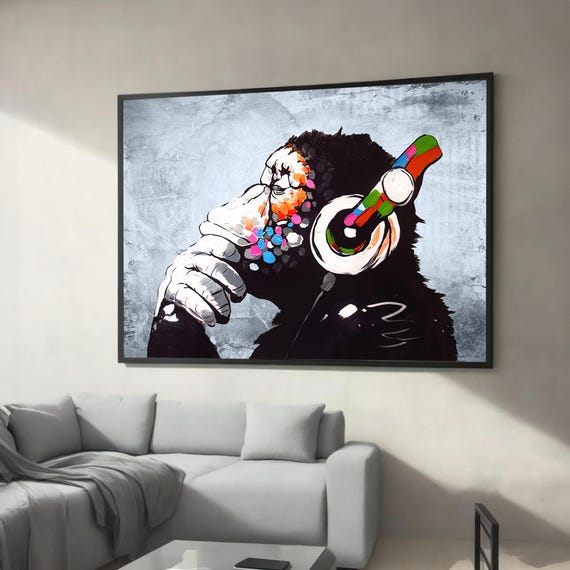 Funky Monkey Headphones Pop Art Canvas Urban Graffiti Style Wall Modern Ready To Hang Decor Colorful Contemporary Painting