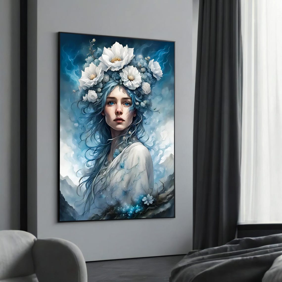 Ethereal Blue Goddess White Flowers Mystical Portrait Poster