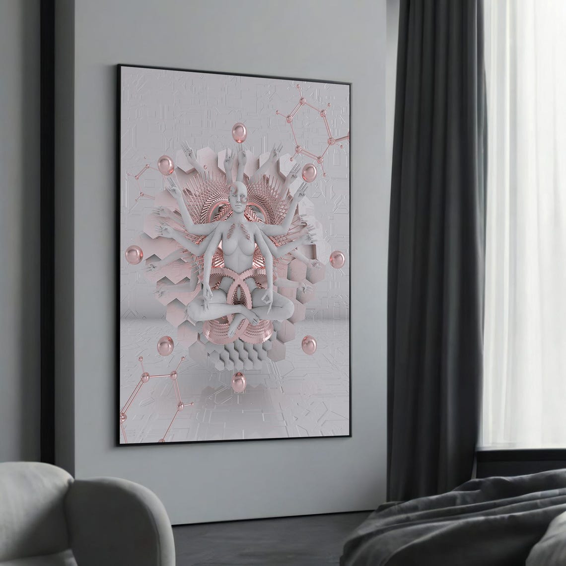 Futuristic Geometric Meditation Rose Gold Tech Inspired Art Print