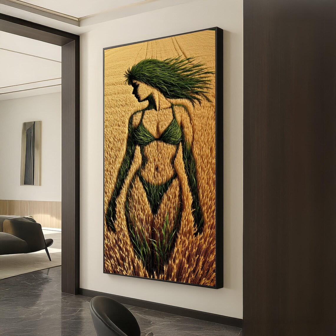 Golden Wheat Field Woman Silhouette Green Grass Nature Art Poster