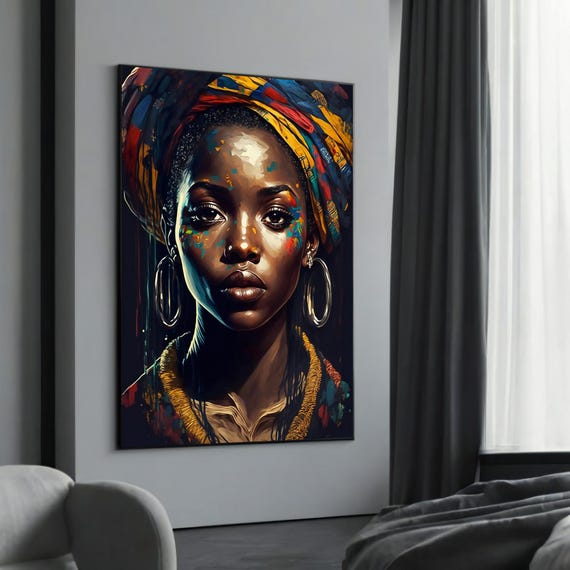 Portrait Of An Ethnic Woman In Colorful Headwrap Striking Realistic Canvas Painting Unique Gift For Vibrant Home Decor
