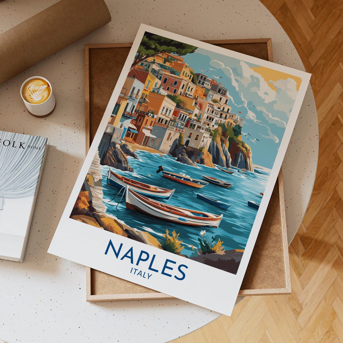 Naples Italy Travel Poster Style Art Print Featuring Colorful Seaside Village Houses And Wooden Boats Floating In Blue Coastal Waters Gift