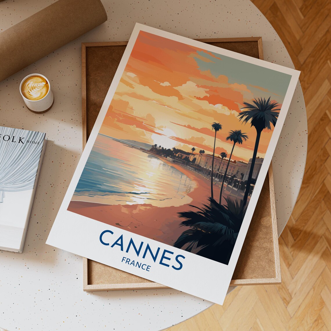 Cannes France Sunset Beach Palm Trees French Riviera Travel Poster