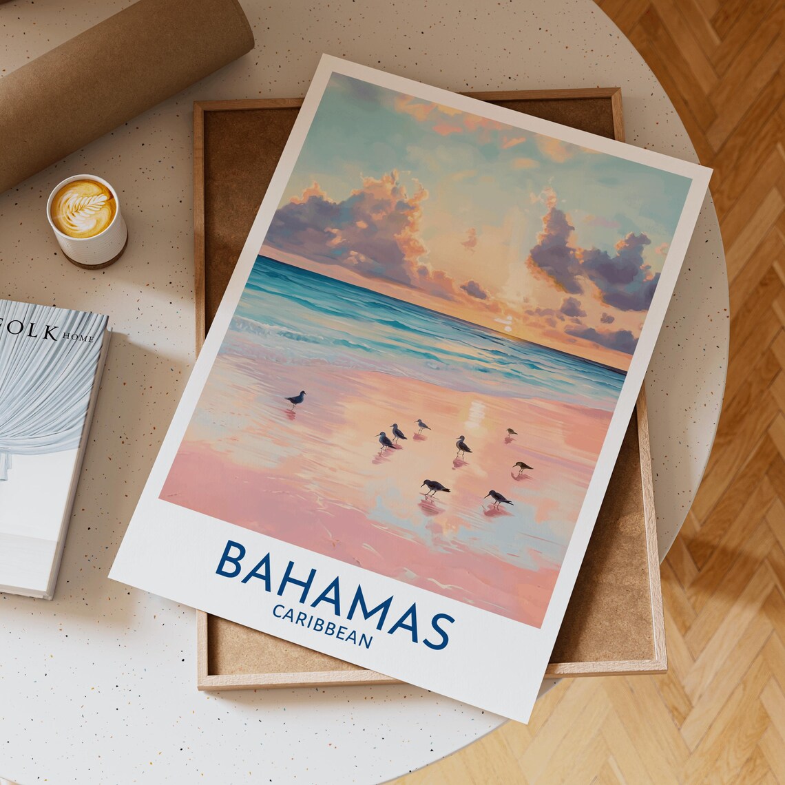 Bahamas Caribbean Pink Sand Beach Sunset Shorebirds Travel Poster