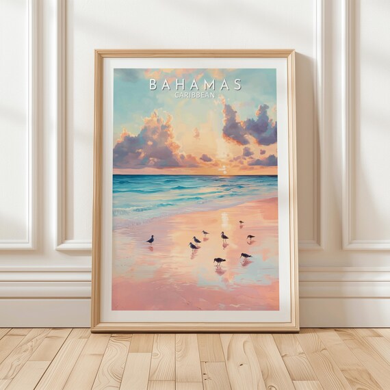 Bahamas Caribbean Sunset Beach Shorebirds Framed Travel Poster
