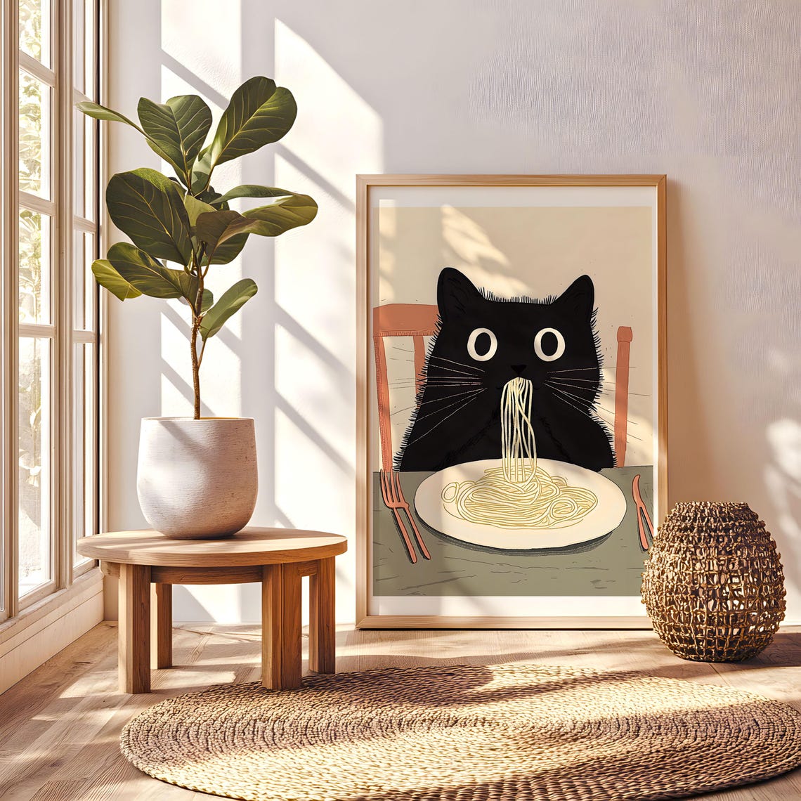 Cat Wall Art Poster Black Print Cute Animal Illustration Home Decor