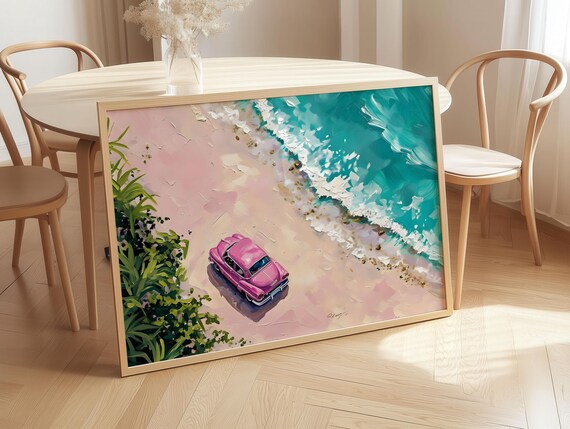 Pink Vintage Car on Pink Beach Aerial Coastal Summer Art Poster