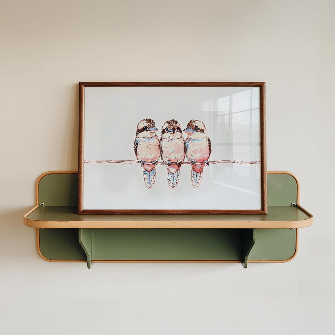 Three Kookaburras On A Wire Australian Birds Watercolor Art Poster