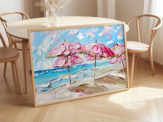 Textured Pink Beach Umbrellas Impasto Paint Ocean Art Poster