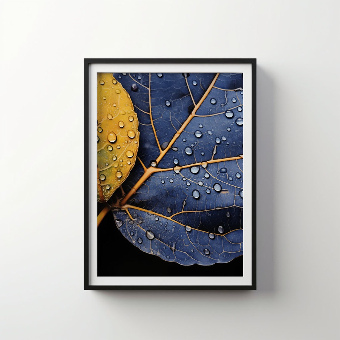 Dewdrop Covered Leaves Blue Gold Veins Macro Botanical Art Poster