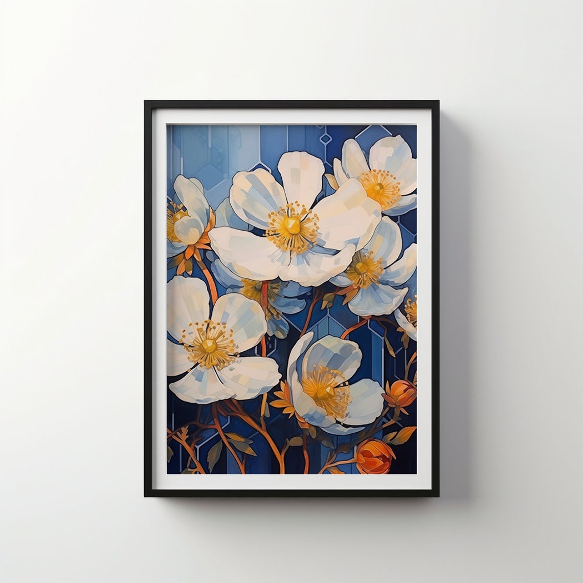 White Blossoms With Gold Centers on Indigo Geometric Botanical Poster