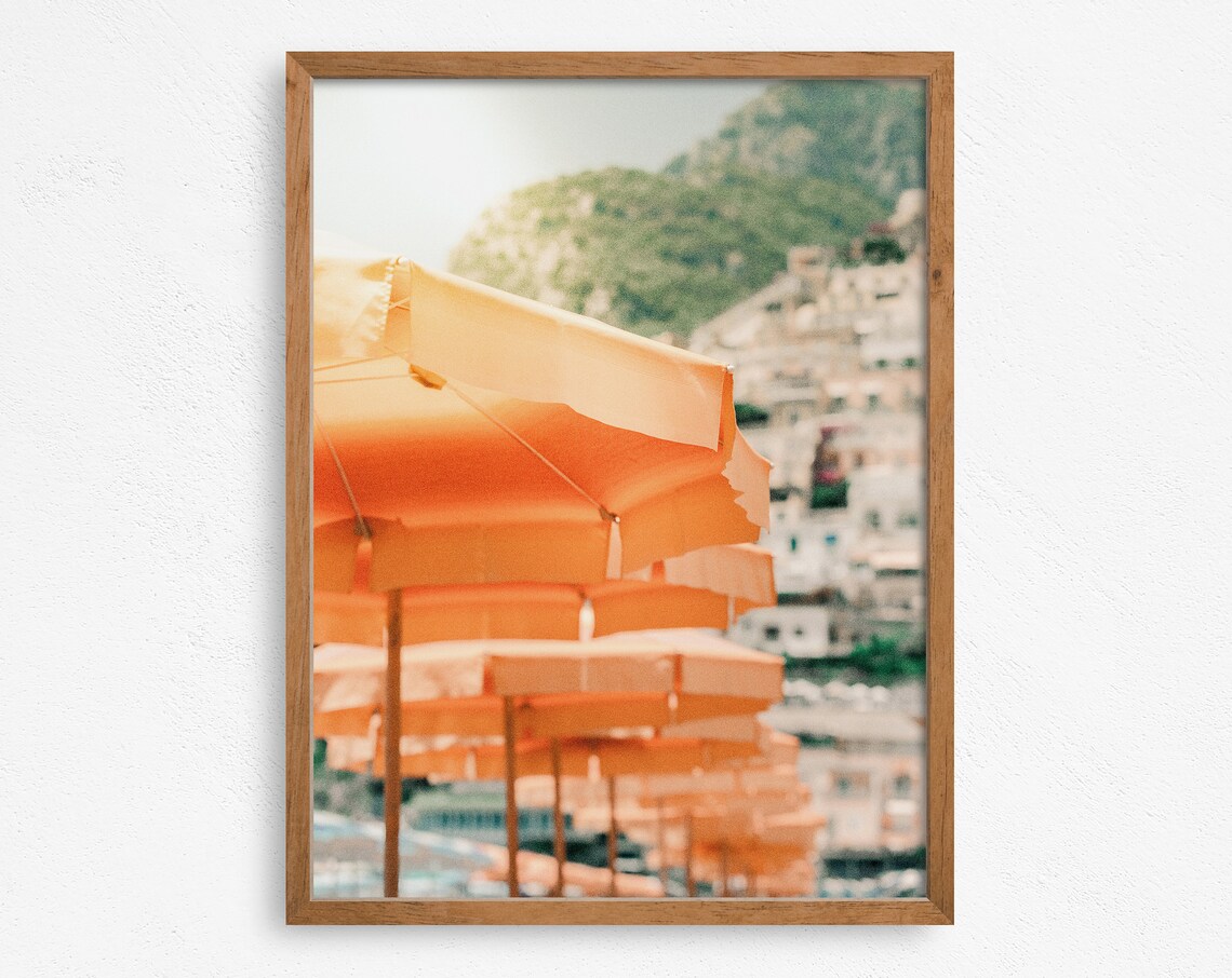 Orange Beach Umbrellas Capri Italy Sunlit Coast Summer Travel Poster