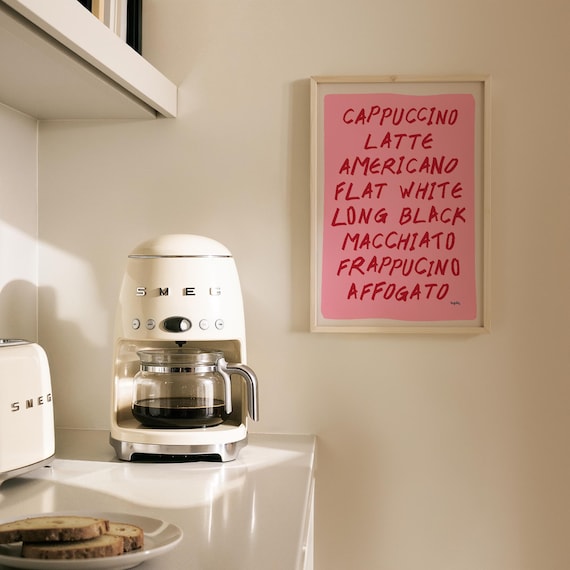 Pink Coffee Menu Poster Handwritten Cappuccino Latte Kitchen Wall Decor