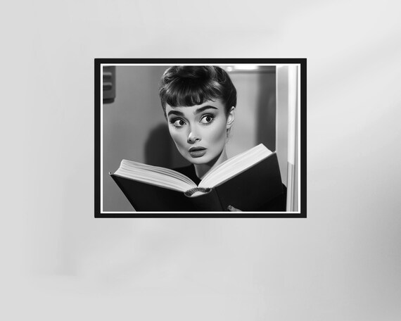 Audrey Hepburn Reading a Book Iconic Black and White Photo Poster