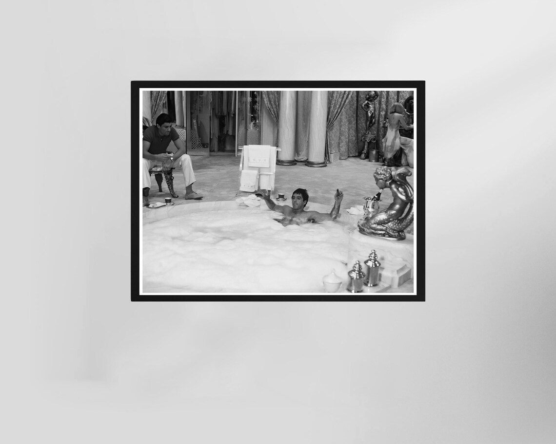 Scarface Tony Montana Bathtub Scene Black and White Movie Poster