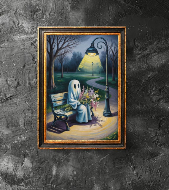 Holding A Flowers On The Bench Poster Spooky Wall Art Vintage Painting Halloween