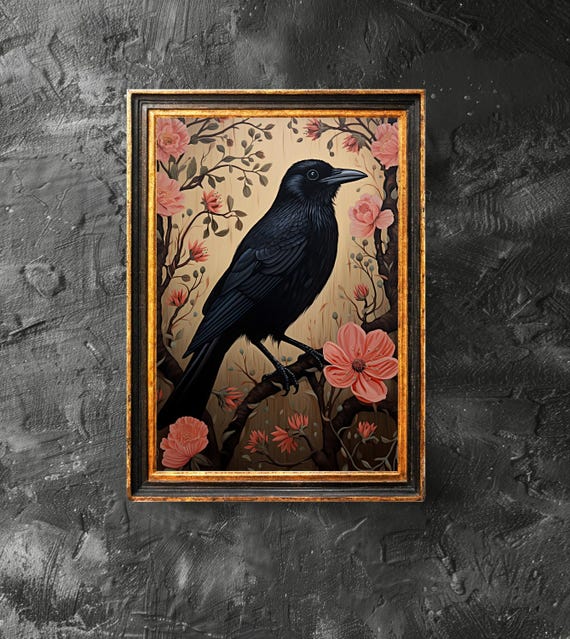 Black Crow With Flowers Art Lover Gift Gothic Victorian Dark Academia Vintage Poster