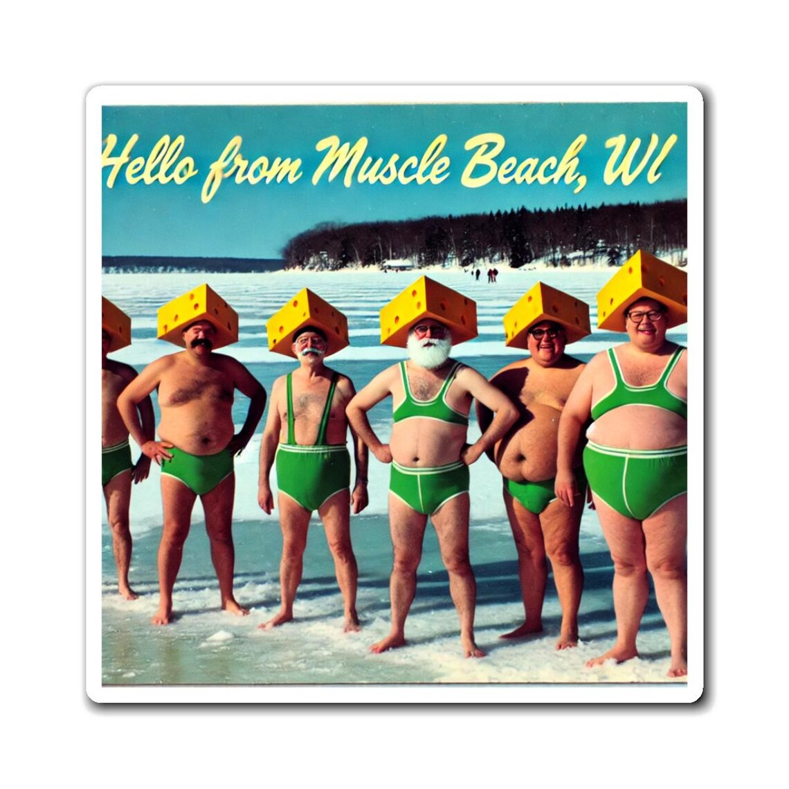 Hello From Muscle Beach Wisconsin Funny Retro Swimsuit Magnet Print
