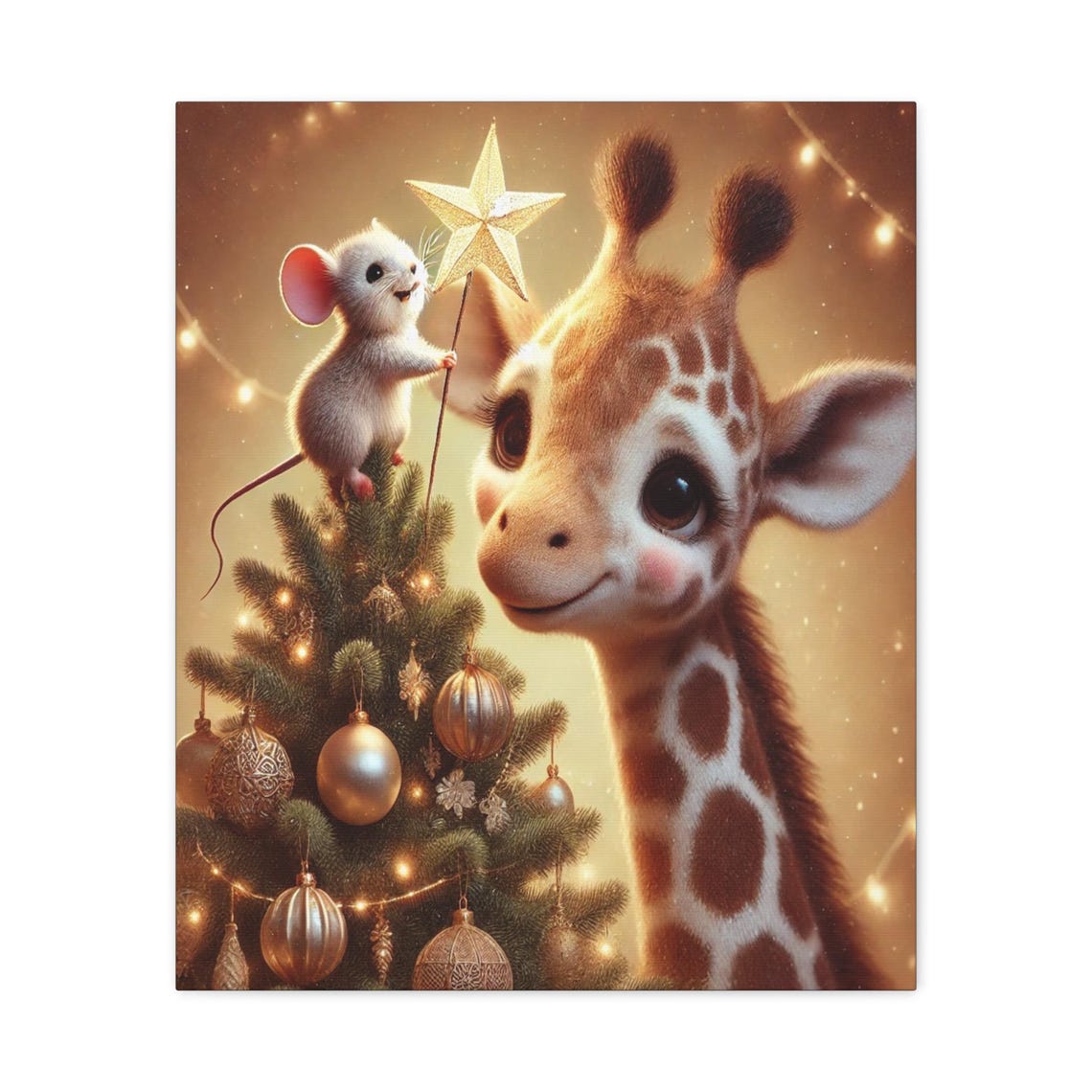 Baby Giraffe and Mouse Decorating a Christmas Tree Cute Nursery Poster
