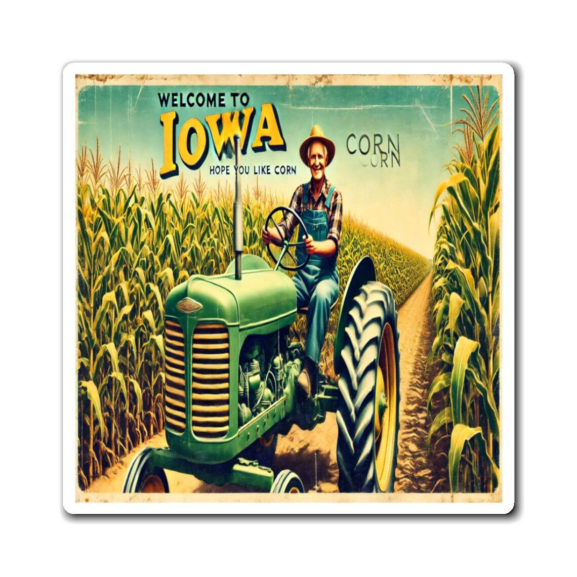 Welcome To Iowa Corn Vintage Tractor Square Retro Magnet Print
