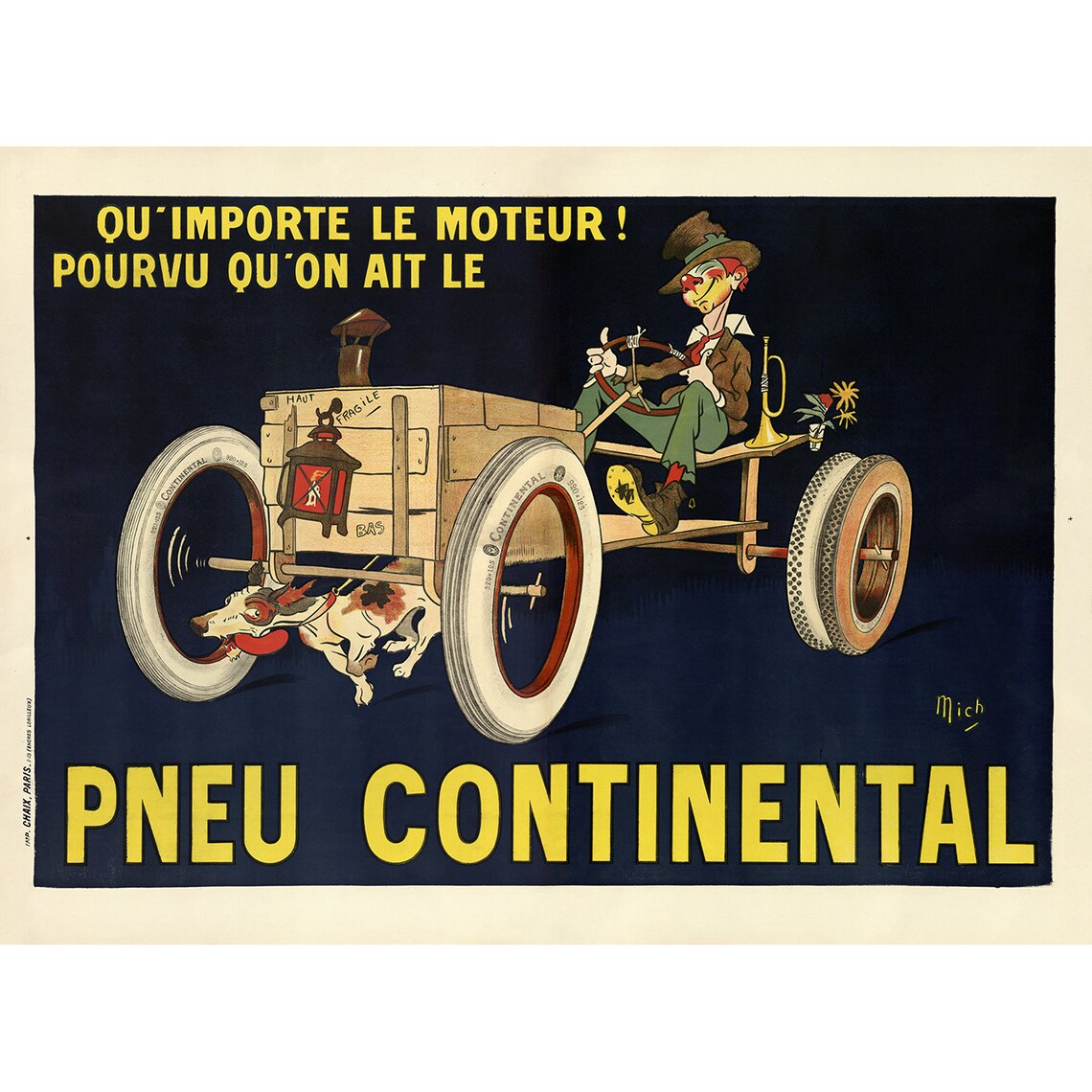 Pneu Continental Dog Cart Tires Humorous Vintage French Ad Poster