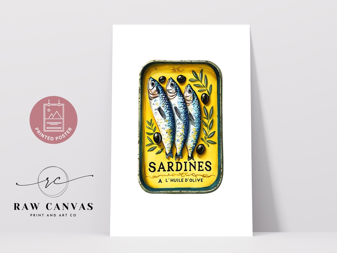 Minimalist Sardine Tin Art Print, Retro Seafood Decor