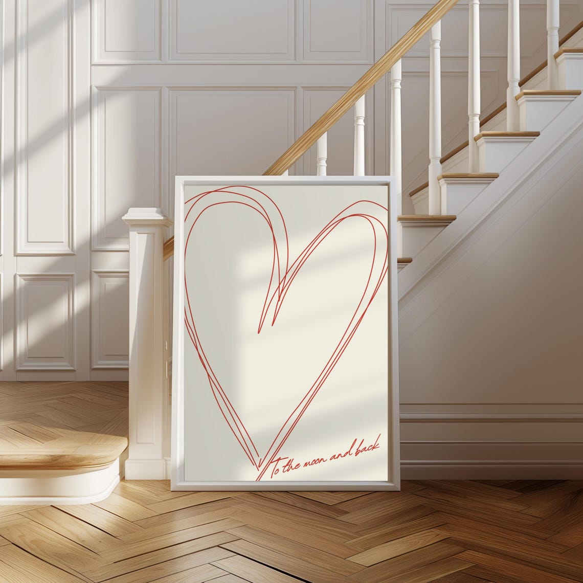 To the Moon and Back Red Line Heart Romantic Script Art Poster - Image 2