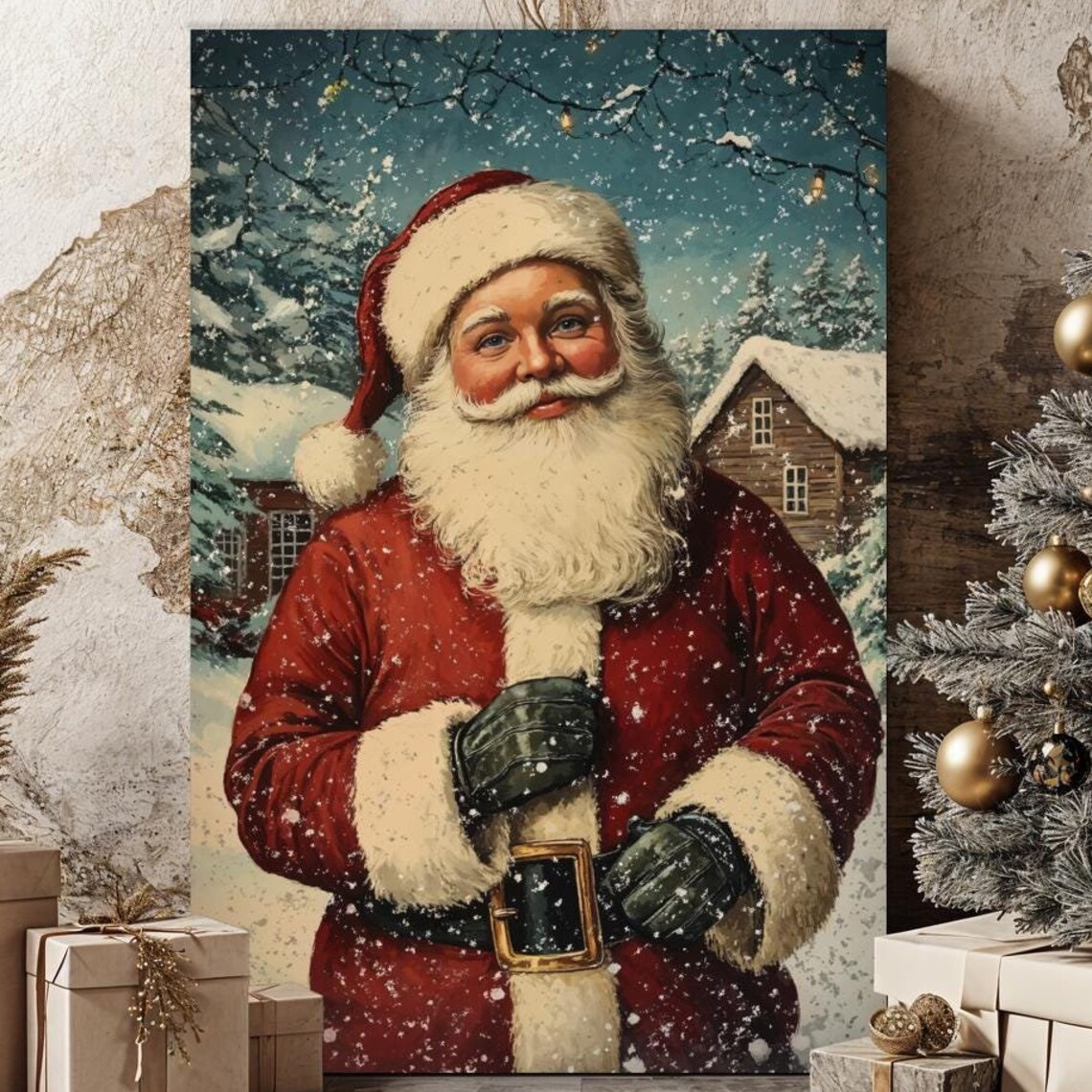 Jolly Santa Claus In Snowy Village Landscape Vintage Christmas Print