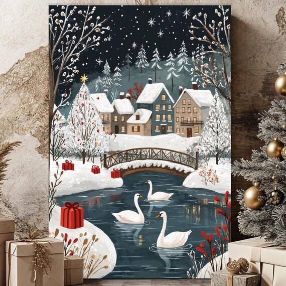 Winter Village with Swans on Snowy River Christmas Night Poster