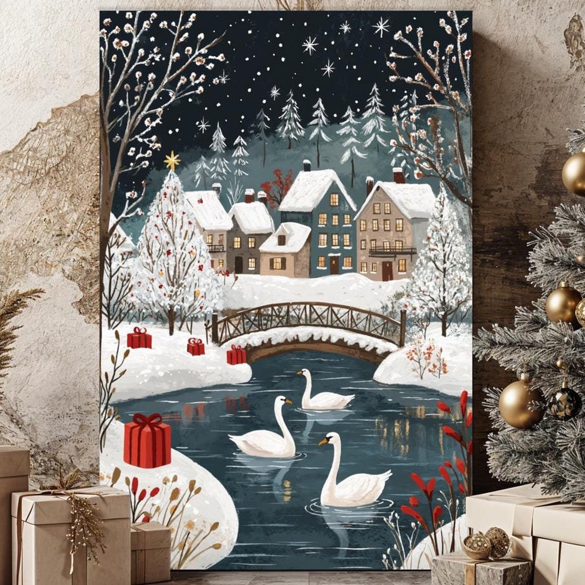 Winter Village with Swans on Snowy River Christmas Night Poster