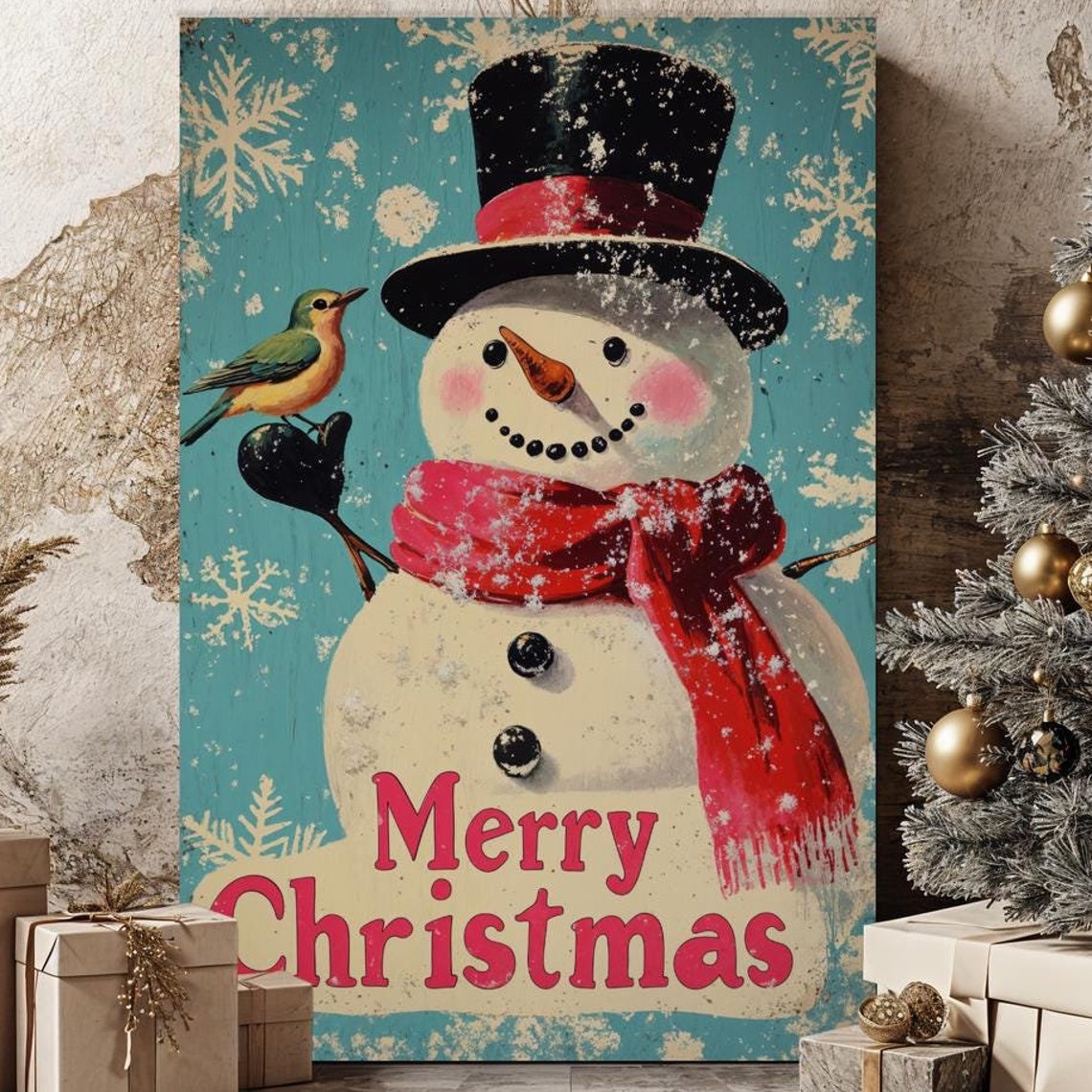 Retro Merry Christmas Snowman With Top Hat Bird Winter Wall Art