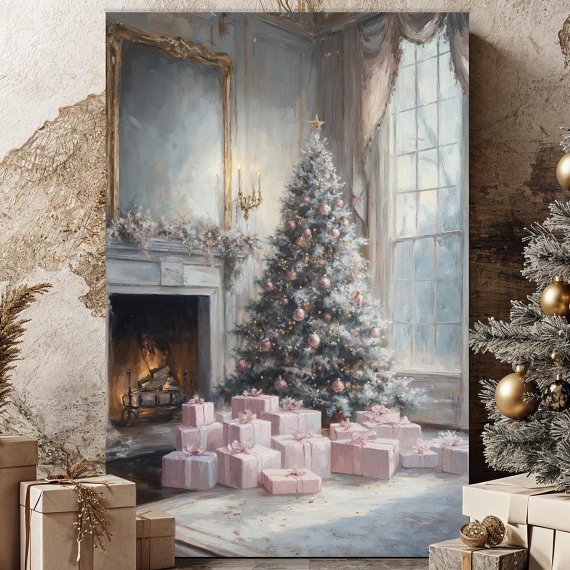 Pink Christmas Tree and Gifts Cozy Fireplace Elegant Holiday Print