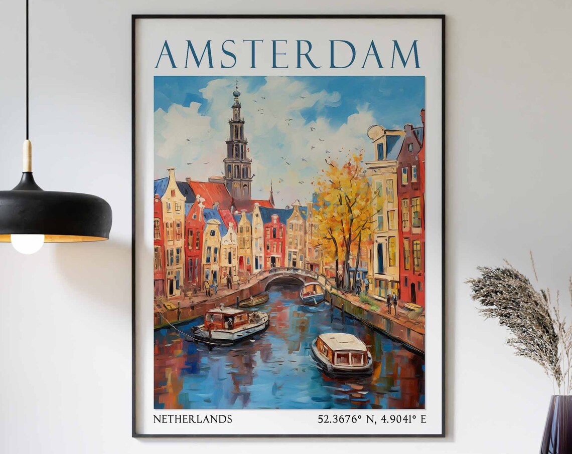 Amsterdam Canal with Colorful Houses and Boats Autumn Poster Art
