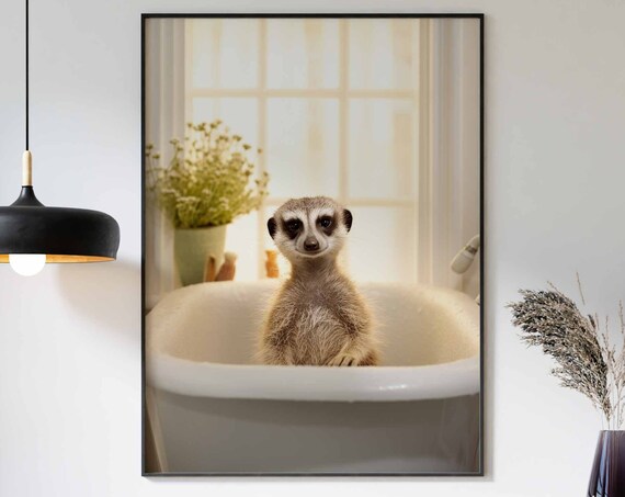 Meerkat In Tub Wall Art Meerkat Art Bathroom Art Print Funny Bathroom Wall Art Meerkat Bathing Animal In Bathtub