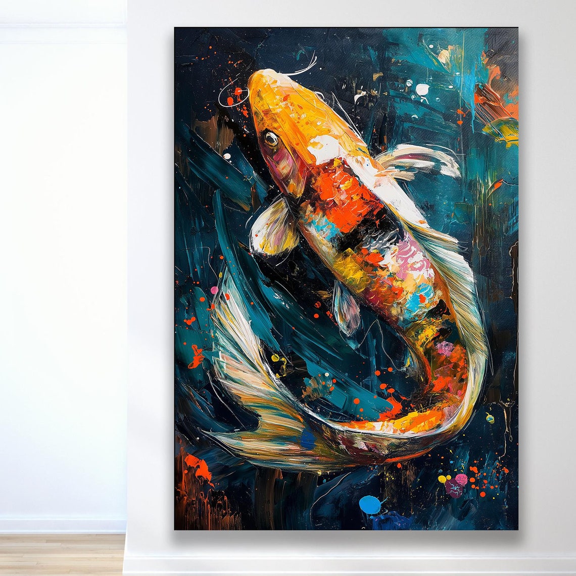 Abstract Koi Fish Print Vibrant Modern Wall Art Colorful Aquatic Decor Framed Fish Painting Contemporary Water Element Art