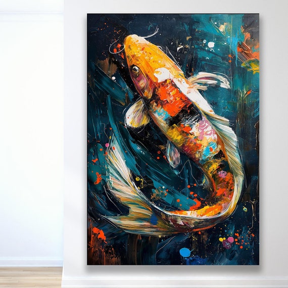 Abstract Koi Fish Print Vibrant Modern Wall Art Colorful Aquatic Decor Framed Fish Painting Contemporary Water Element Art