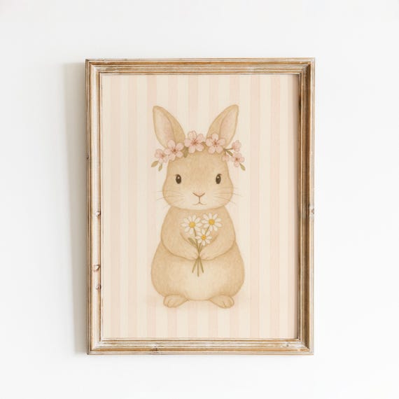 Floral Crown Bunny Nursery Poster Soft Beige Rabbit Wall Art For Kids