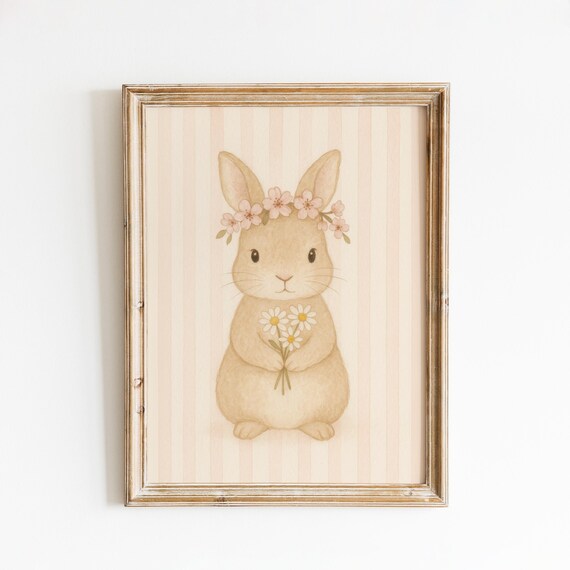 Sweet Floral Crown Bunny Holding Daisies Nursery Wall Poster