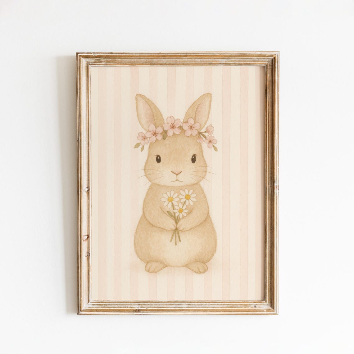Floral Crown Bunny Nursery Poster Soft Beige Rabbit Wall Art For Kids