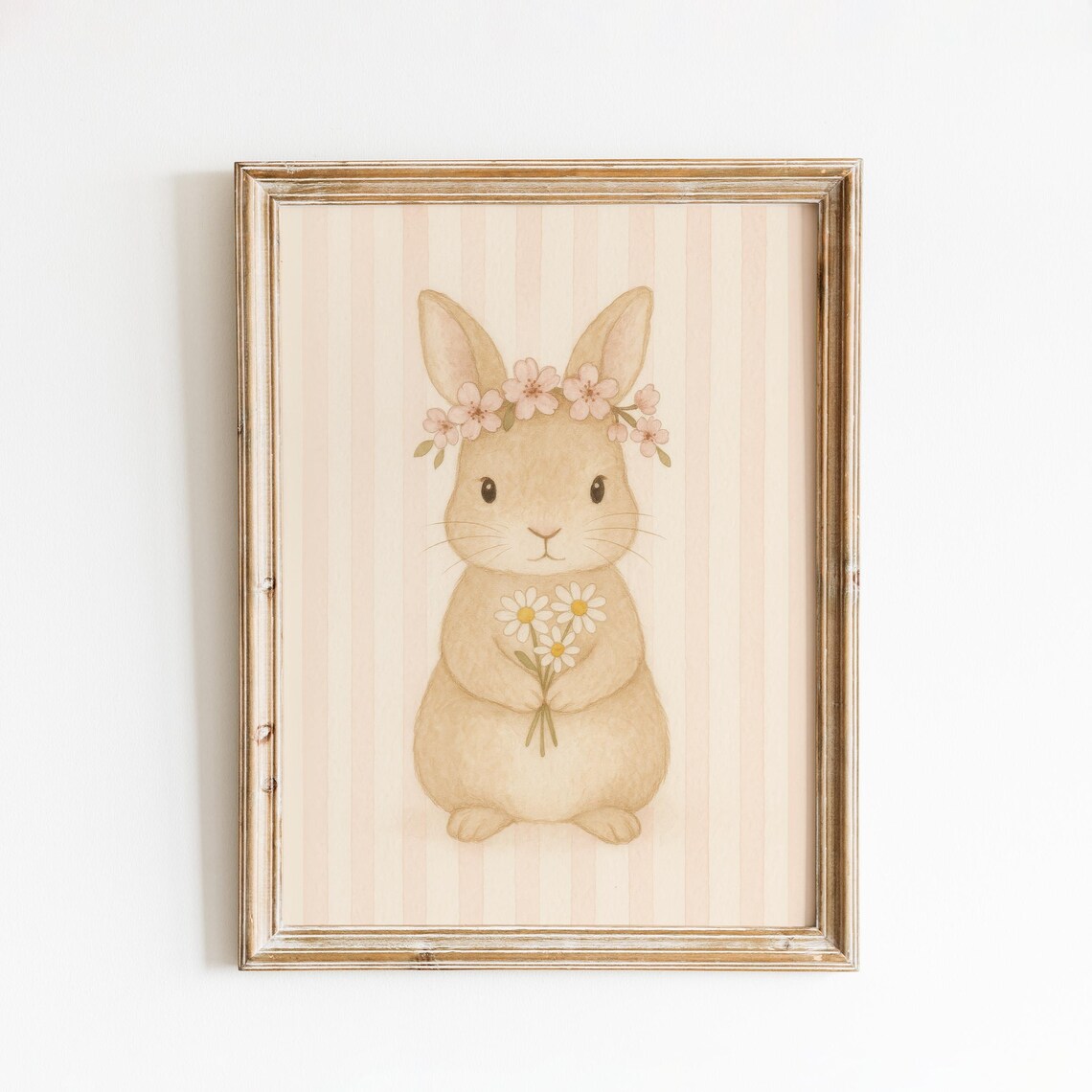 Sweet Floral Crown Bunny Holding Daisies Nursery Wall Poster
