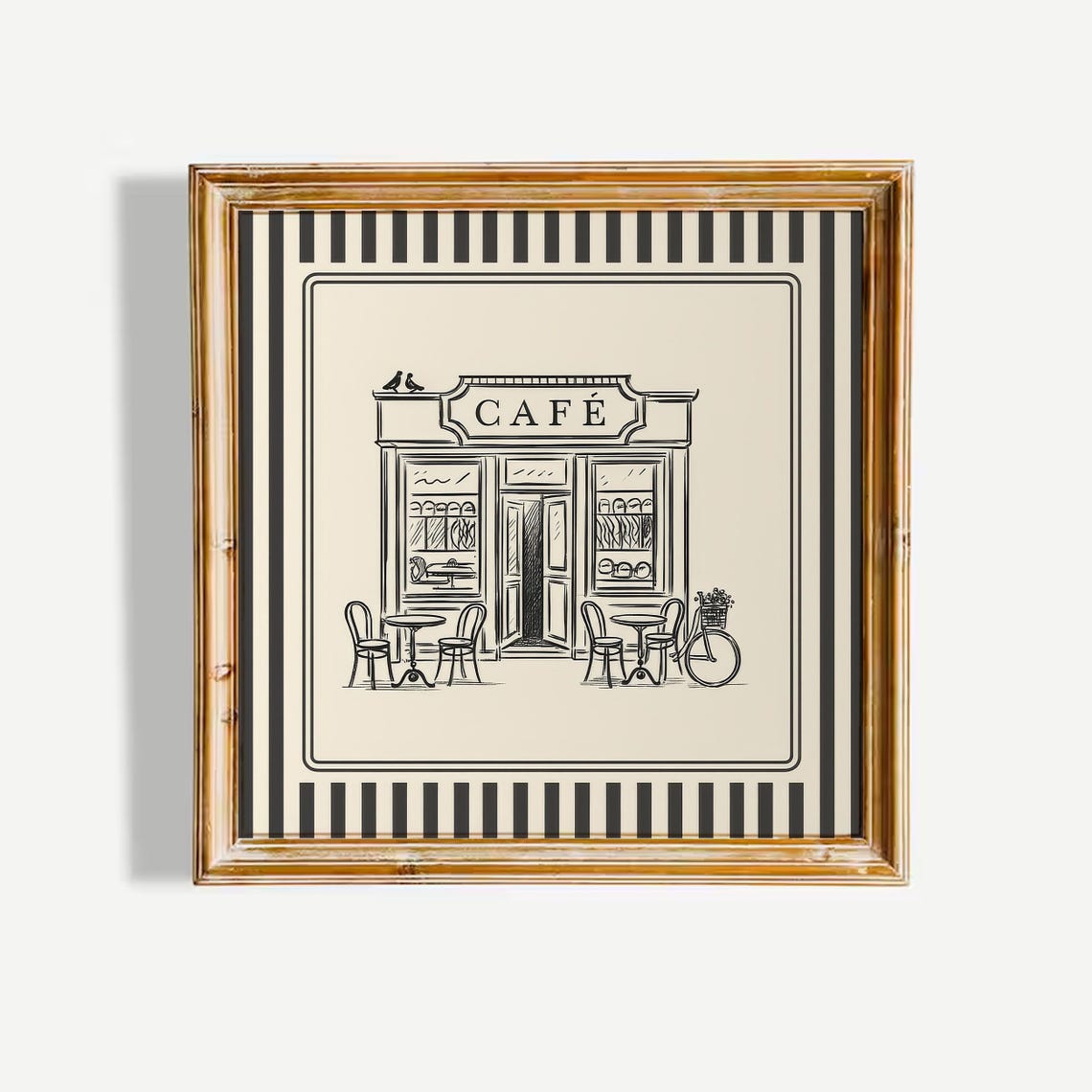 Parisian Cafe Vintage Bistro Sketch Striped Border Art Print