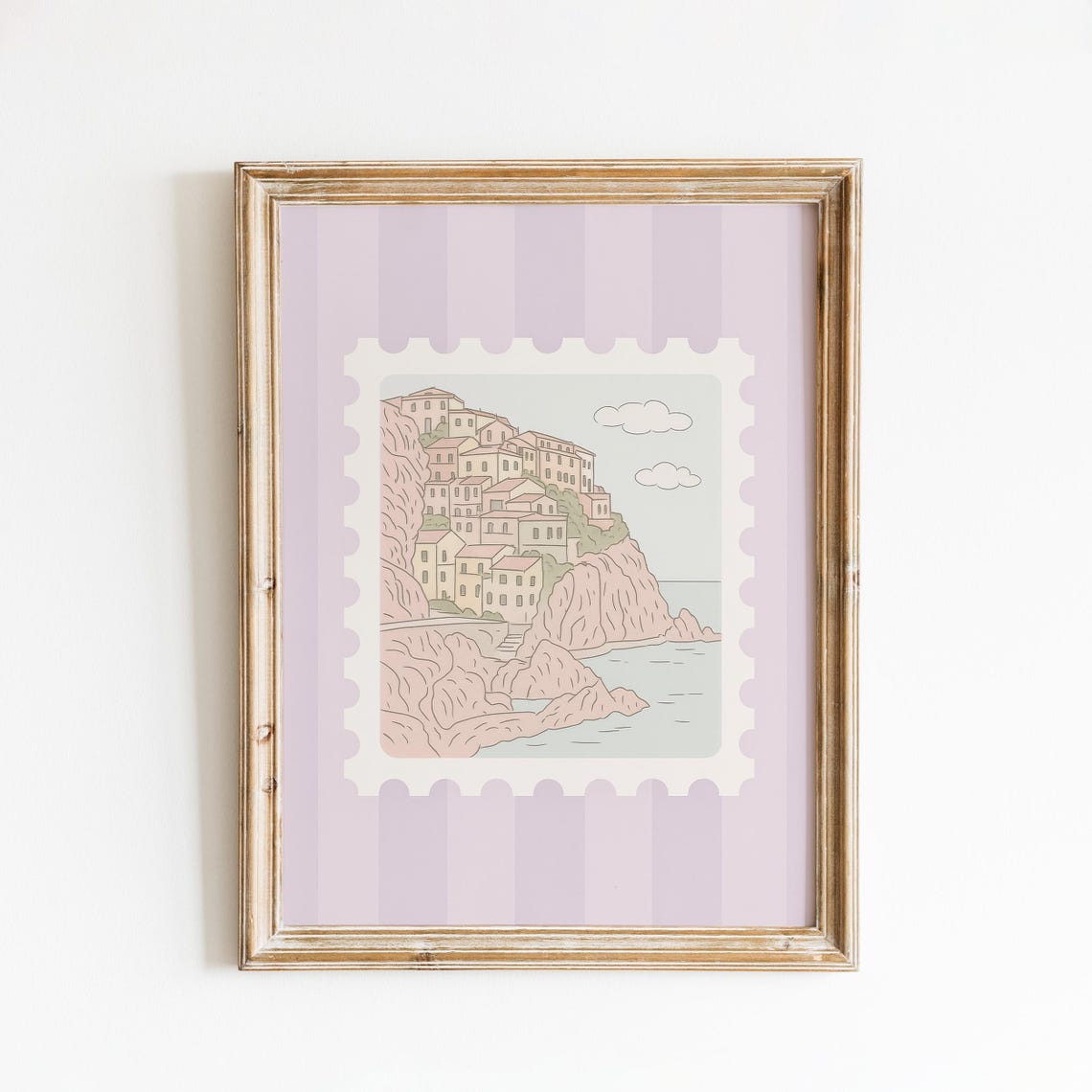 Cliffside Village on Rocky Outcrops Pastel Lavender Stamp Poster