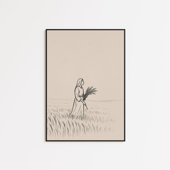 Ruth In The Fields Poster Minimalist Bible Line Art Christian Woman Of Faith Wall Print Scripture Illustration