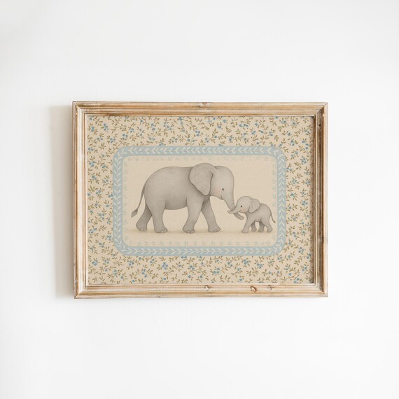 Mother Elephant And Baby Vintage Nursery Animal Family Poster