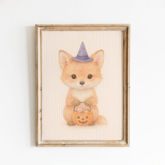 Halloween Fox With Candy Bucket Cute Fall Nursery Animal Wall Art
