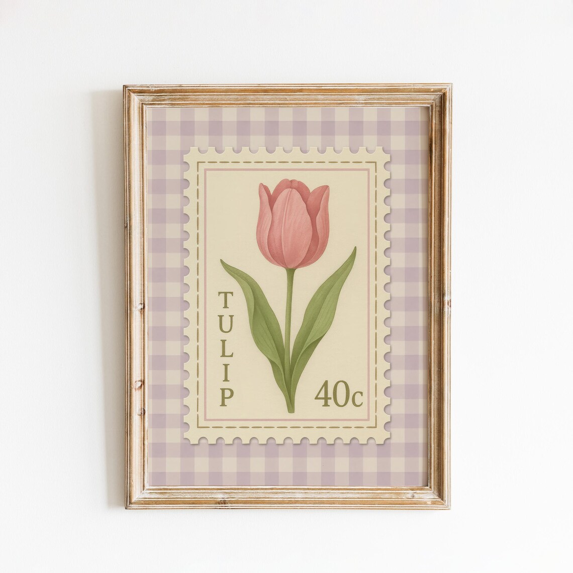 Tulip 40c Stamp Poster With Pink Tulip On Lilac Gingham Background Art
